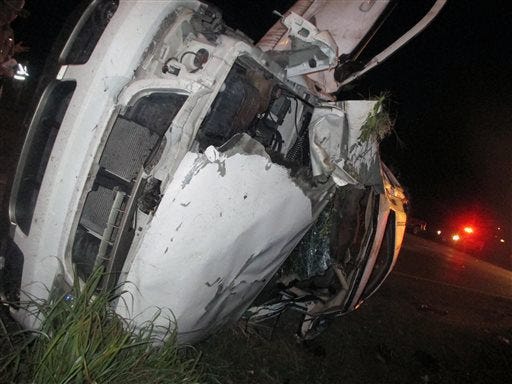 In this photo provided by the Edna Police Department, an SUV that flipped several times remains on the scene following a fatal crash and police chase Thursday, Sept. 24, 2015, in Edna, Texas. Officers tried to stop the SUV for a traffic violation but the vehicle sped away and police gave chase. (Edna Police Department via AP) MANDATORY CREDIT