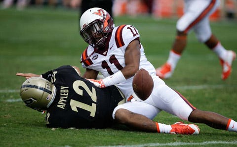 Virginia Tech's Kendall Fuller (11) sacks Purdue's Austin Appleby (12) during the first half of a college football game this past Saturday in West Lafayette, Ind. Virginia Tech travels to Greenville to play East Carolina at 3:30 p.m. on Saturday.