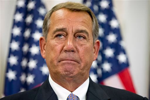 In this Sept. 9, 2015, file photo, Speaker of the House John Boehner pauses during a news conference with members of the House Republican leadership on Capitol Hill in Washington. AP Photo/Jacquelyn Martin