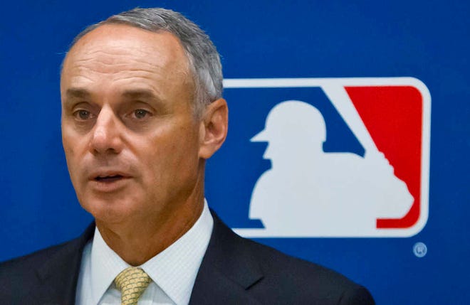 MLB Commissioner Rob Manfred speaks during a news conference May 21 in New York. (AP Photo/Bebeto Matthews)