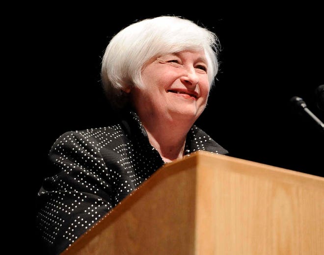 Federal Reserve Chair Janet Yellen speaks on inflation dynamics and monetary policy at the University of Massachusetts, Thursday, Sept. 24, 2015, in Amherst, Mass. The talk comes one week after the central bank decided to keep interest rates at record low, in part because of persistently low inflation. (AP Photo/Jessica Hill)