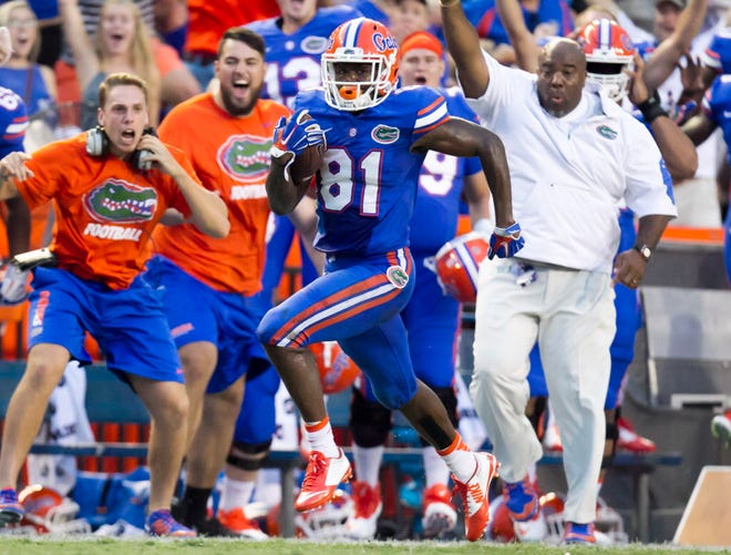 Florida Gators wide receiver Antonio Callaway (81) sprints in for the winning touchdown during second half action in Ben Hill Griffin Stadium in Gainesville, Florida on Saturday September 25, 2015. Florida came back from a half time deficit scoring two unanswered touch downs to win 28-27. Alan Youngblood / Staff Photographer