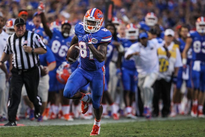 Florida Gators wide receiver Antonio Callaway (81) heads to the end zone for the winning touchdown during the second half of the Gators' come from behind 28-27 win against the Tennessee Volunteers on Saturday, September 26, 2015 at Ben Hill Griffin Stadium in Gainesville, Fla. Rob C. Witzel / Staff photographer