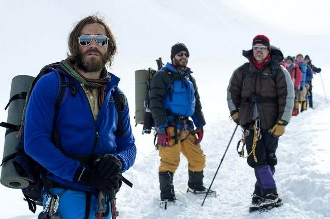 Jake Gyllenhaal, from left, as Scott Fischer, Michael Kelly as Jon Krakauer, and Josh Brolin as Beck Weathers, in the film EVEREST.

UNIVERSAL PICTURES