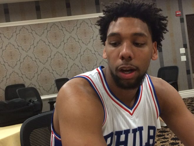 Rookie center Jahlil Okafor answers a question during media day Monday in Galloway Township, N.J.