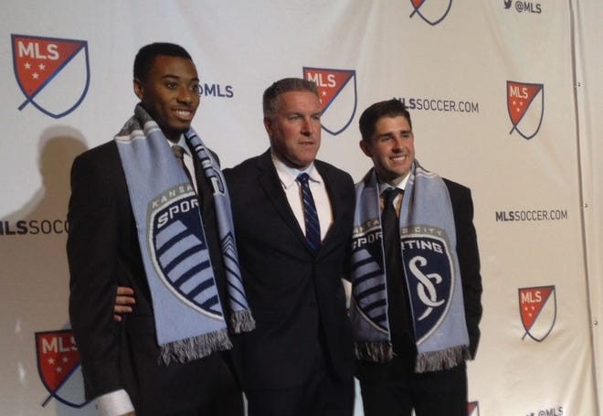 Peter Vermes (center) with Sporting KC’s first two pick of the 2015 MLS SuperDraft, California midfielder Connor Hallisey and Akron defender Saad Abdul-Salaam.