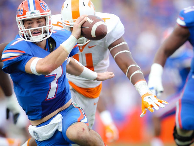 Florida Gators quarterback Will Grier (7) scrambles from the Volunteer defense during the second half of the Gators' come from behind 28-27 win against the Tennessee Volunteers on Saturday, September 26, 2015 at Ben Hill Griffin Stadium in Gainesville