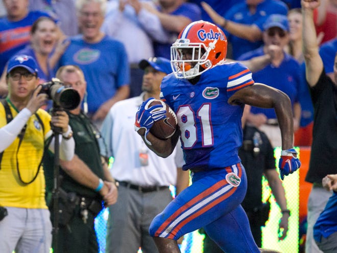 Florida wide receiver Antonio Callaway sprints in for the winning touchdown during second half Saturday at Ben Hill Griffin Stadium. Florida came back from a half-time deficit scoring two unanswered touchdowns to win 28-27.