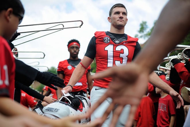 Georgia place kicker Marshall Morgan (13) in the Dawg Walk before the game between Georgia and Louisiana Monroe on Saturday, Sept. 5, 2015, in Athens, Ga.