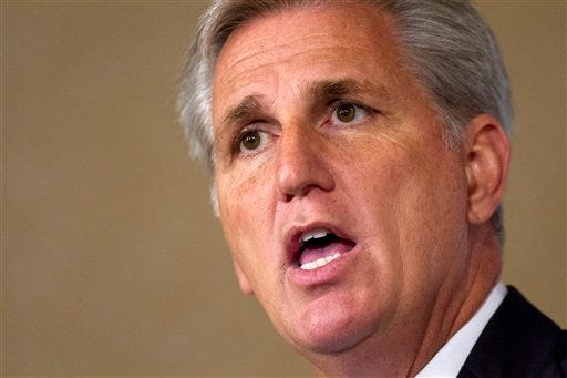 House Majority Leader Kevin McCarthy, R-Calif., speaks in Washington, Monday, Sept. 28, 2015. McCarthy announced Monday his candidacy for House Speaker, replacing the outgoing John Boehner. (AP Photo/Jacquelyn Martin)