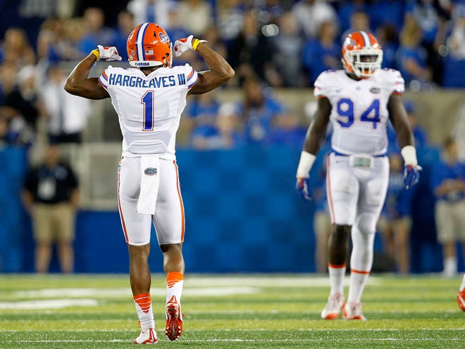 Florida Gators defensive back Vernon Hargreaves III celebrates after a play against the Kentucky Wildcats during the first half at Commonwealth Stadium on Saturday, Sept. 19, 2015 in Lexington, Ky