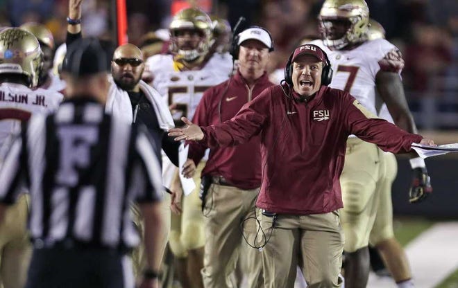 Charles Krupa Associated Press Florida State coach Jimbo Fisher argues a call with an official during the 14-0 win over Boston College on Sept. 18. After being off last week, Fisher and the Seminoles prepare to face Wake Forest on Saturday.