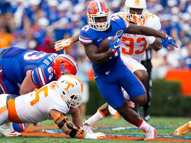 Florida Gators running back Kelvin Taylor gaines yards during first half action in Ben Hill Griffin Stadium in Gainesville on Saturday, September 25, 2015. Tennessee is winning at half time 17-7. Alan Youngblood / Staff Photographer