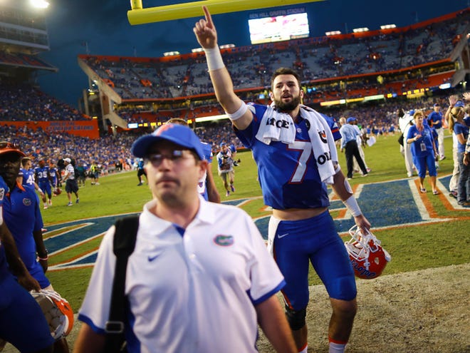 Florida Gators quarterback Will Grier (7) walks off the field following the Gators' 28-27 come from behind win against the Tennessee Volunteers on Saturday, September 26, 2015 at Ben Hill Griffin Stadium in Gainesville.