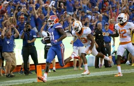 Florida wide receiver Antonio Callaway scores the go-ahead touchdown during the second half last Saturday against Tennessee at Ben Hill Griffin Stadium.