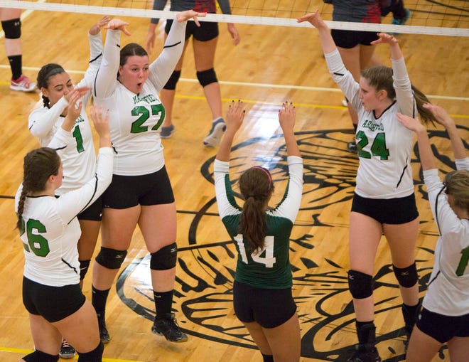 The Marshfield volleyball team celebrates a point against Silver Lake. Wicked Local Photo/ Mark Gardner