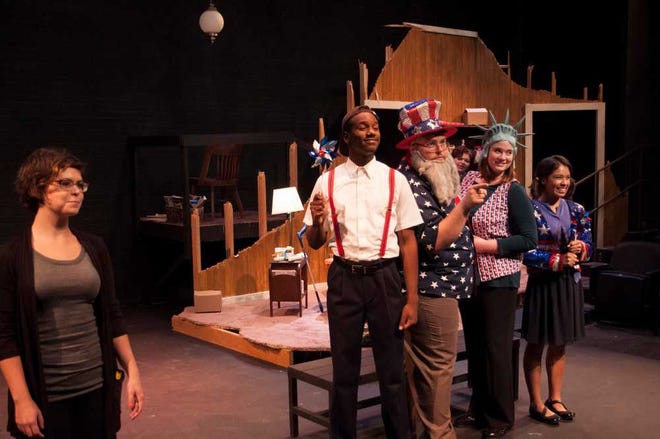 Lisa Kron (played by Savannah Cooper), left, introduces all of the participants of the 4th of July Parade in a scene from the drama "Well," which will be staged Friday through Sunday at the Texas Tech Maedgen Lab Theatre. The entrance is located on the west side of the Maedgen Theatre. Call 742-3603 for reservations.