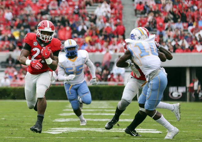 Georgia's Nick Chubb, who has rushed for 599 yards and is averaging 8.4 yards a carry this season, has a chance to jump into the national spotlight with a big game against Alabama on Saturday.