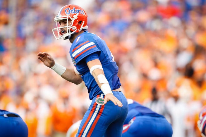 Florida Gators quarterback Will Grier (7) calls out the play prior to the snap during the second half of the Gators' come from behind 28-27 win against the Tennessee Volunteers on Saturday, September 26, 2015 at Ben Hill Griffin Stadium in Gainesville, Fla.