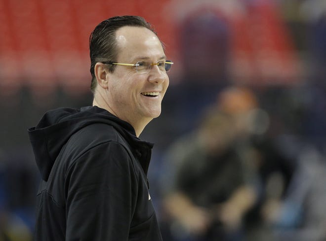 Wichita State head coach Gregg Marshall watches during practice for their NCAA Final Four tournament college basketball semifinal game against Louisville, Friday, April 5, 2013, in Atlanta. Wichita State plays Louisville in a semifinal game on Saturday. (AP Photo/David J. Phillip)