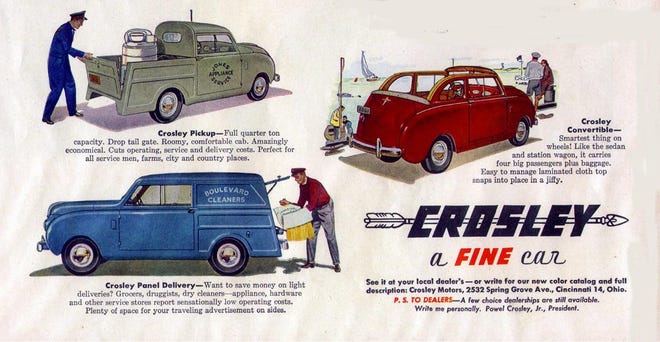 The Crosley models in 1951 and 1952 also included pickup trucks, convertibles and sedan delivery style utility vehicles. (Complements former Crosley Motors Inc.)