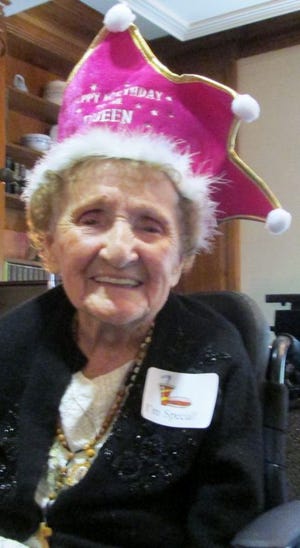 Florence Shulenburg turned 107 on Oct. 7, 2015 at the Eventide Home in Quincy. She always loved hats and asked if she could put on this one as soon as she saw it.