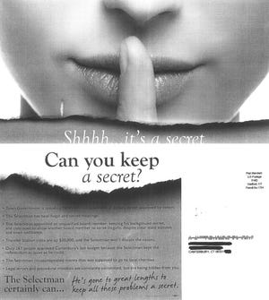 An Ashley Madison-style direct mail postcard was sent to Canterbury residents last week, which states First Selectman Roy Piper is misappropriating charity money, among other accusations. Printing on the promo mailer states it was paid for by the Canterbury Democratic Town Committee. 

Contributed/ Roy Piper