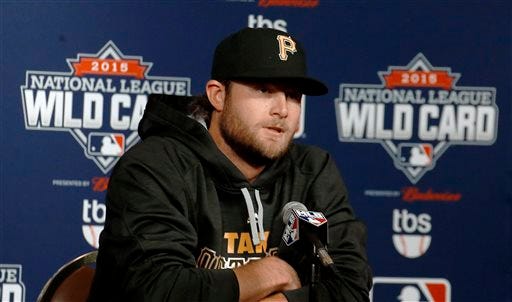 Pittsburgh Pirates starting pitcher Gerrit Cole takes questions during a news conference in Pittsburgh, Tuesday, Oct. 6, 2015, for the Pirates upcoming wild-card playoff baseball game against the Chicago Cubs. (AP Photo/Keith Srakocic)