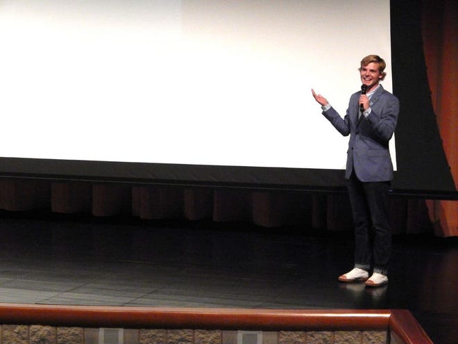 Filmmaker Edd Benda, a Michigan native, talks to the audience after a screening of his new film “Superior” in Lake Superior State University’s Arts Center Tuesday evening. The film was shot entirely in the Upper Peninsula and is in the midst of a screening tour throughout the state.