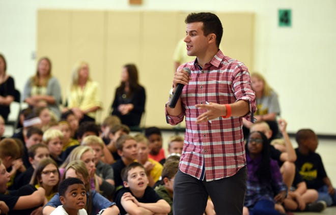Josh Drean talks to students at Moorestown Upper Elementary School during an assembly focusing on respect Wednesday, Oct. 7, 2015.