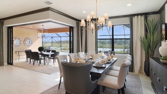 Some of DiVosta’s most popular new options include gourmet kitchens, zero-corner pocket sliding glass doors, extended lanais, custom pools, sunrooms, and second-story lofts. The Pinnacle model is shown.