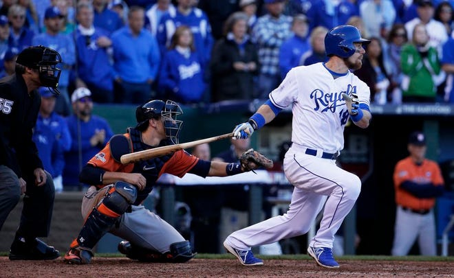 Kansas City Royals' Ben Zobrist, a Eureka native, hits an RBI single to score Alcides Escobar during the seventh inning of Game 2 in baseball's American League Division Series against the Houston Astros, Friday, Oct. 9, 2015, in Kansas City, Mo. (AP Photo/Charlie Riedel)
