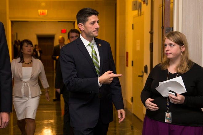 Rep. Paul Ryan, R- Wis., arrives for a meeting on Capitol Hill in Washington, Thursday, Oct. 8, 2015, where Republicans were to nominate candidates to replace outgoing House Speaker John Boehner. In a stunning move, Majority Leader Kevin McCarthy withdrew his candidacy for House speaker Thursday, throwing Congress' Republican leadership into chaos. (AP Photo/Evan Vucci)