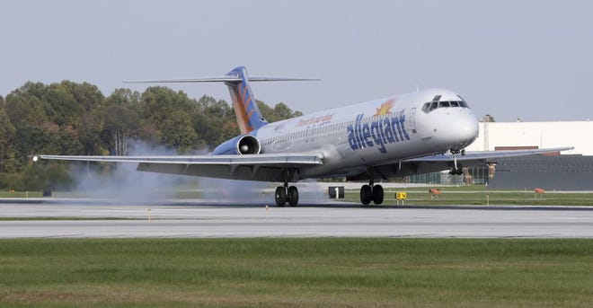 An Allegiant plane lands at the Akron-Canton Airport on Thursday.