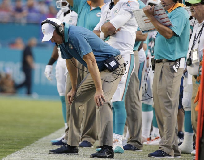 In this Sept. 27, 2015, file photo, Miami Dolphins head coach Joe Philbin looks down during the second half of an NFL football game against the Buffalo Bills in Miami Gardens, Fla. Philbin was fired Monday, Oct. 5, 2015, four games into his fourth season as coach of the Dolphins, and one day after a flop on an international stage that apparently sealed his fate.