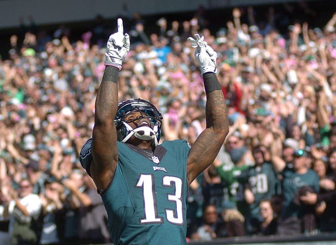 (File) The Eagles released receiver and kick returner Josh Huff on Thursday, two days after he was pulled over for speeding on the Walt Whitman Bridge and found to be in possession of a handgun, six hollow point bullets, and a small amount of marijuana.