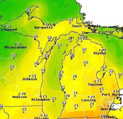 Today's high temperatures for around the Great Lakes. Temperatures are expected to decline as the week goes on. National Weather Service