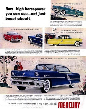 Advertisement for the great looking 1955 Mercury line features two tone paint and several models to choose from. (Ad complements Ford Motor Company)
