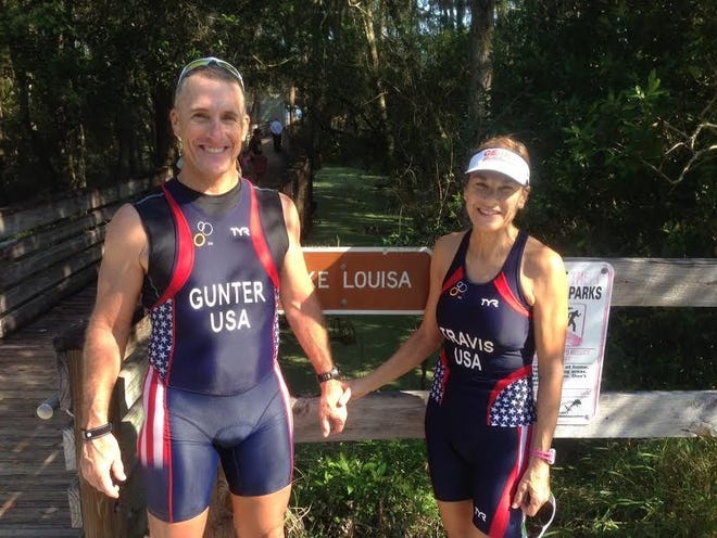 Clermont City Council member Diane Travis and her partner Wade Gunter, assistant wrestling coach at South Lake High School in Groveland, finished their last workout at Lake Louisa State Park before heading to Australia for the Duathlon World Campionship race.