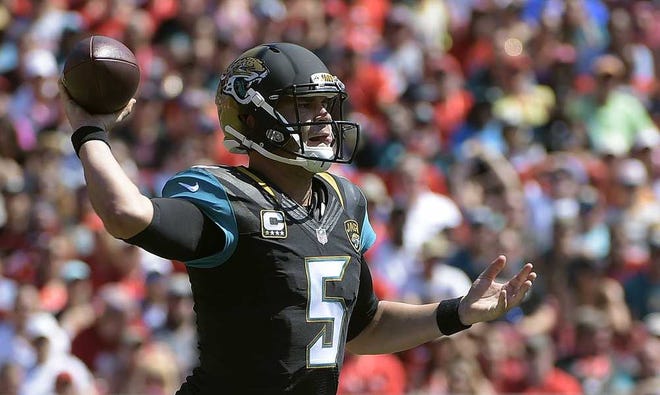 Jacksonville Jaguars quarterback Blake Bortles (5) throws a pass against the Tampa Bay Buccaneers during the first quarter of an NFL football game Sunday, Oct. 11, 2015, in Tampa, Fla. (AP Photo/Phelan M. Ebenhack)