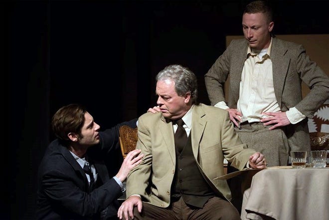 Willy Loman, center, played by Michael Culp, has a conversation with his sons, Biff (David Gries) and Happy (Shane Lynn). Contributed