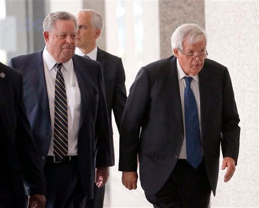 In this June 9, 2015, file photo, former House Speaker Dennis Hastert, right, departs the federal courthouse with attorney Thomas C. Green in Chicago. An attorney for Hastert told a federal judge that the former House speaker intends to plead guilty in a federal hush-money case during a hearing Thursday Oct. 15, 2015 in Chicago. Hastert attorney John Gallo said during the brief hearing that he expects to have a written plea agreement by Monday. And he asked the judge to set a date for a change of plea. The judge scheduled an Oct. 28 hearing. (AP Photo/Charles Rex Arbogast, File)