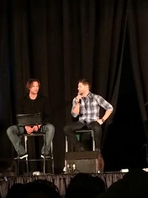 Jared Padalecki and Jensen Ackles address fans at the "Supernatural" convention in North Jersey. "Not only is each actor unfairly attractive, but they’re just as kind in person as they seem in every video online."