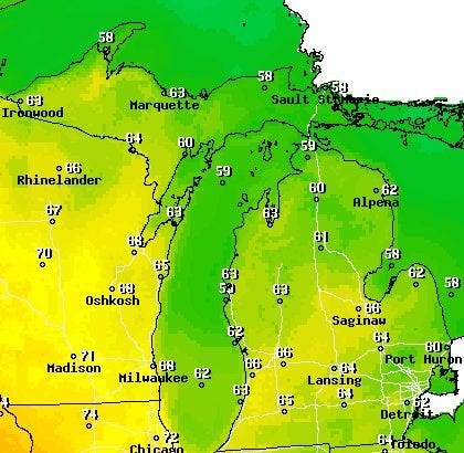 Today's high temperatures from around the Great Lakes. Temperatures are expected to be warmer over the next few days compared to last week. National Weather Service