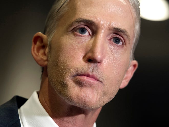 In this Sept. 15, 2015 file photo, House Benghazi Committee Chairman Trey Gowdy, R-S.C. speaks reporters on Capitol Hill in Washington.