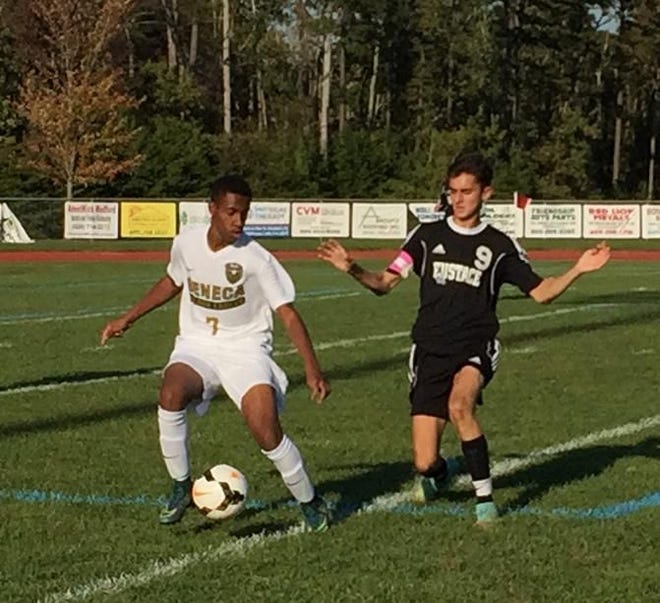 Seneca midfielder Eric Pierre changes direction to elude Cameron Acito, of Bishop Eustace, during Tuesday's Olympic Conference National Division game. Seneca won, 5-0.