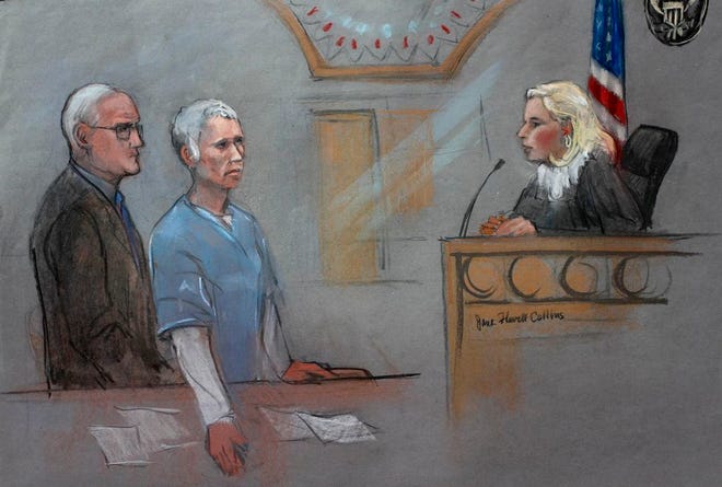 In this courtroom sketch, former Quincy resident Catherine Greig, center, the longtime girlfriend of Whitey Bulger, is depicted with her lawyer Kevin Reddington of Brockton, left, before U.S. District Court Magistrate Judge Marianne Bowler during a hearing Monday, Oct. 19, 2015, in federal court in Boston.