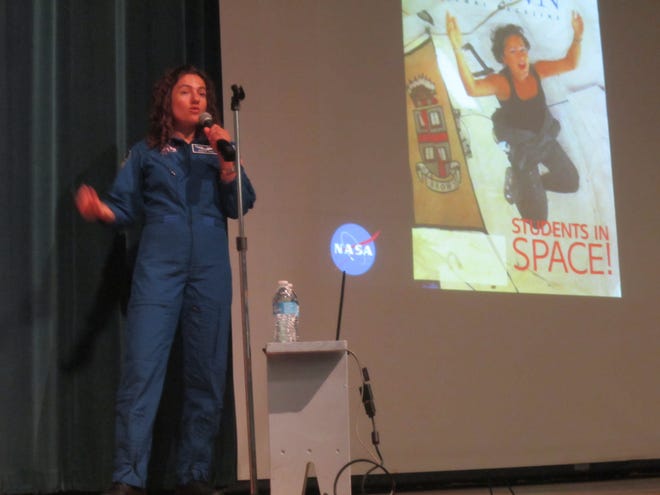 NASA astronaut Jessica Meir urges students to follow their passion during a talk Tuesday at Dartmouth Middle School. Her talk was sponsored by the Atlantic Aviators group. JOHN GARCIA/STANDARD-TIMES SPECIAL
