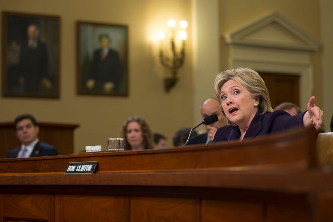 Democratic presidential candidate, former Secretary of State Hillary Rodham Clinton testifies on Capitol Hill in Washington on Thursday, before the House Benghazi Committee.