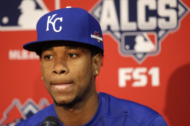 Kansas City Royals starting pitcher Yordano Ventura listens to a reporter's question during a news conference at Kauffman Stadium in Kansas City, Mo., Thursday, Oct. 22, 2015. The Royals are to face the Toronto Blue Jays in Game 6 of the ALCS on Friday. (AP Photo/Orlin Wagner)